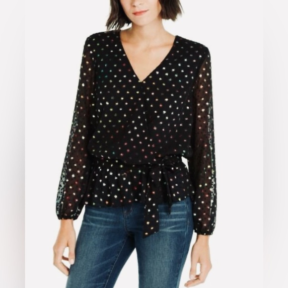 INC International Concepts Black Multicolor Polka Dot Wrap Peplum Blouse size M - Picture 1 of 9